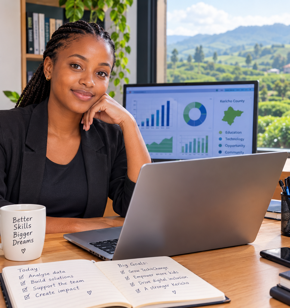 Queenter Chepkorir, founder and sponsor of Tech4Change, at her desk