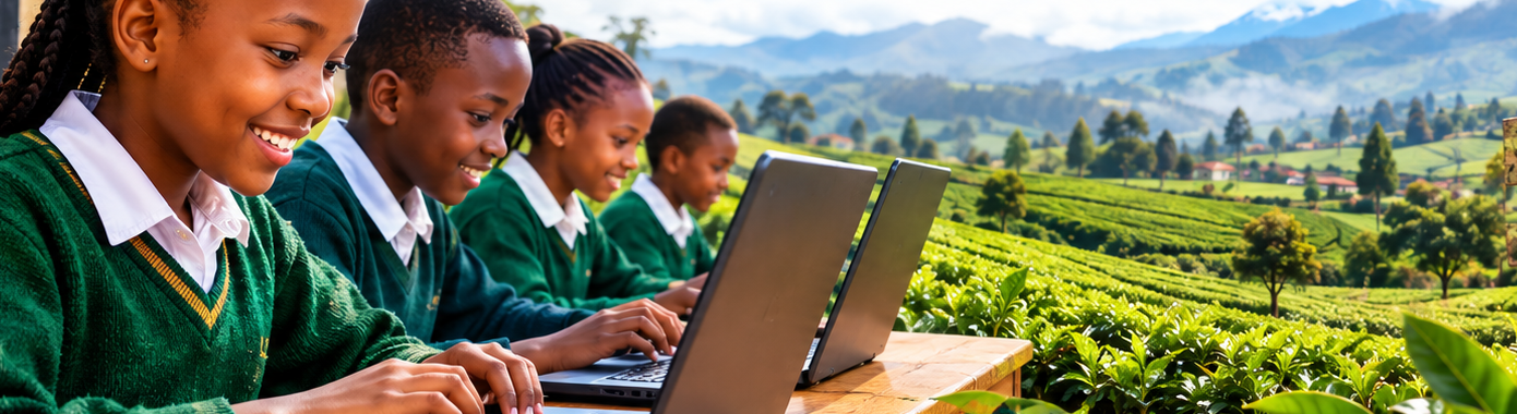 Children using laptops together at a table overlooking Kericho County's tea-growing hills